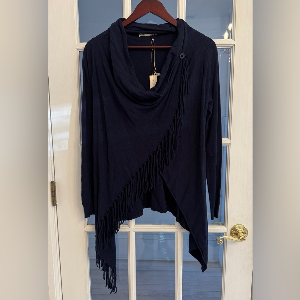 ANTHROPOLOGIE LOVESTITCH Women's Navy Blue Fringe Wrap Poncho Size M NEW